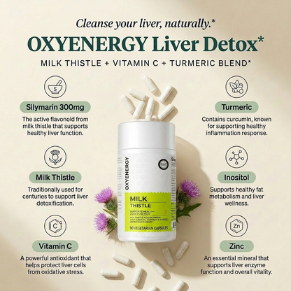 OxyEnergy Liver Support Capsules – Silymarin Milk Thistle 300mg + Vitamin C & Inositol – 90 Veg Capsules