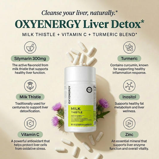 OxyEnergy Liver Support Capsules – Silymarin Milk Thistle 300mg + Vitamin C & Inositol – 90 Veg Capsules